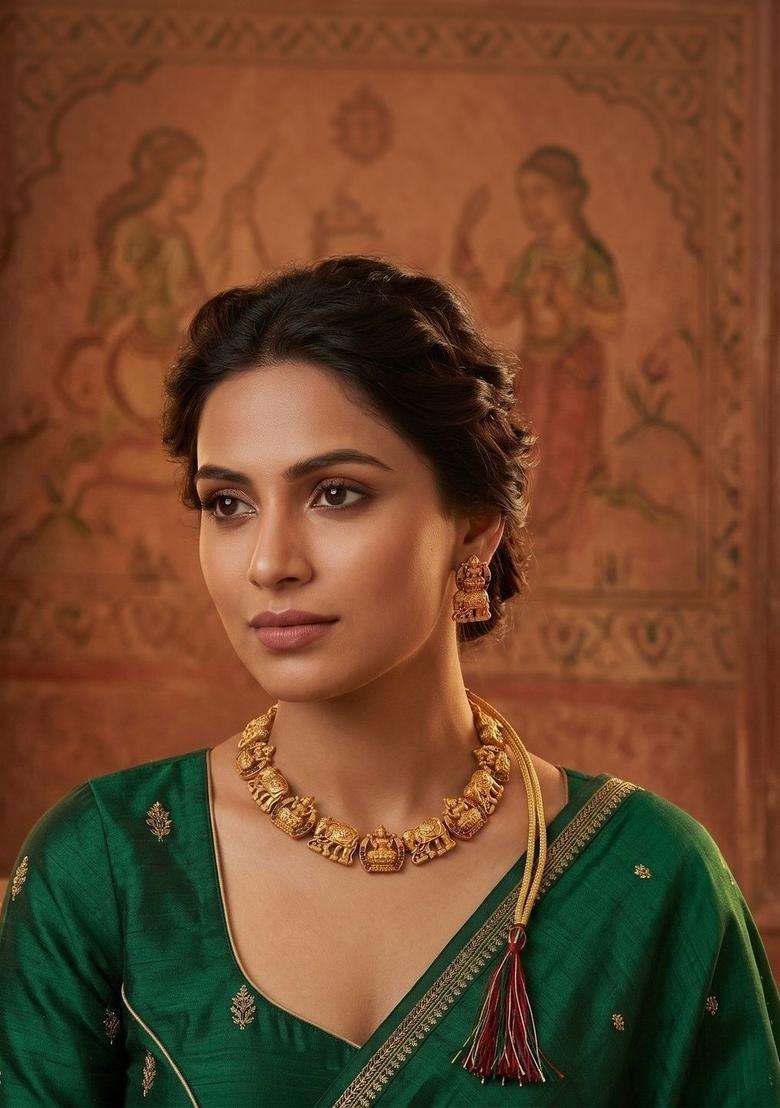 Gold-Plated Temple Beaded Necklace and Earrings for Women | Traditional Temple Jewellery for Wedding & Festive Wear | Gift for Her - Indya