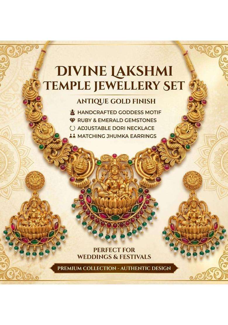 Gold-Plated Temple Beaded Necklace and Earrings Jewellery Set for Women | Traditional Temple Jewellery for Wedding & Festive Wear | Gift for Her - Indya