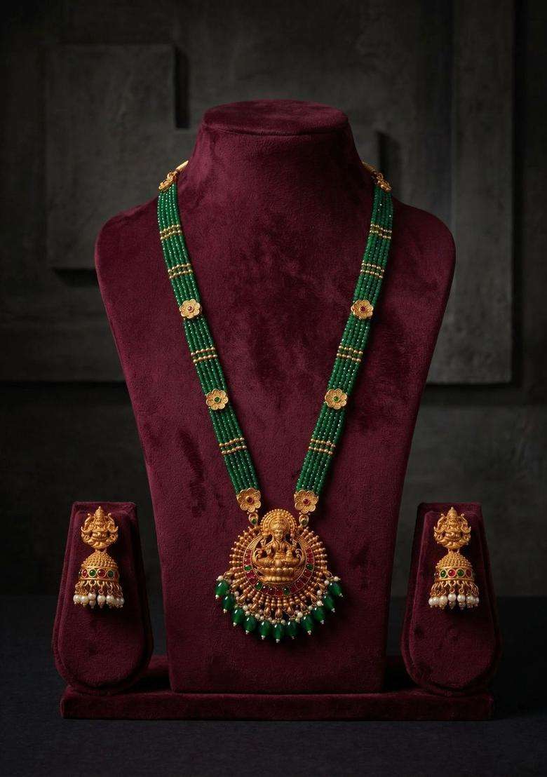 Gold-Plated Temple Beaded Necklace and Earrings for Women | Traditional Temple Jewellery for Wedding & Festive Wear | Gift for Her - Indya
