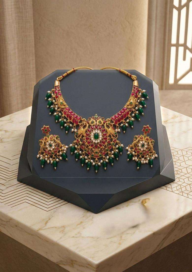 Gold-Plated Temple Beaded Necklace and Earrings for Women | Traditional Temple Jewellery for Wedding & Festive Wear | Gift for Her - Indya