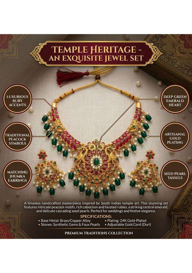 Gold-Plated Temple Beaded Necklace and Earrings for Women | Traditional Temple Jewellery for Wedding & Festive Wear | Gift for Her - Indya