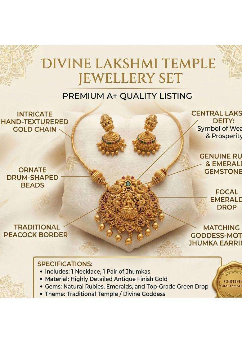 Gold-Plated Temple Beaded Necklace and Earrings for Women | Traditional Temple Jewellery for Wedding & Festive Wear | Gift for Her - Indya