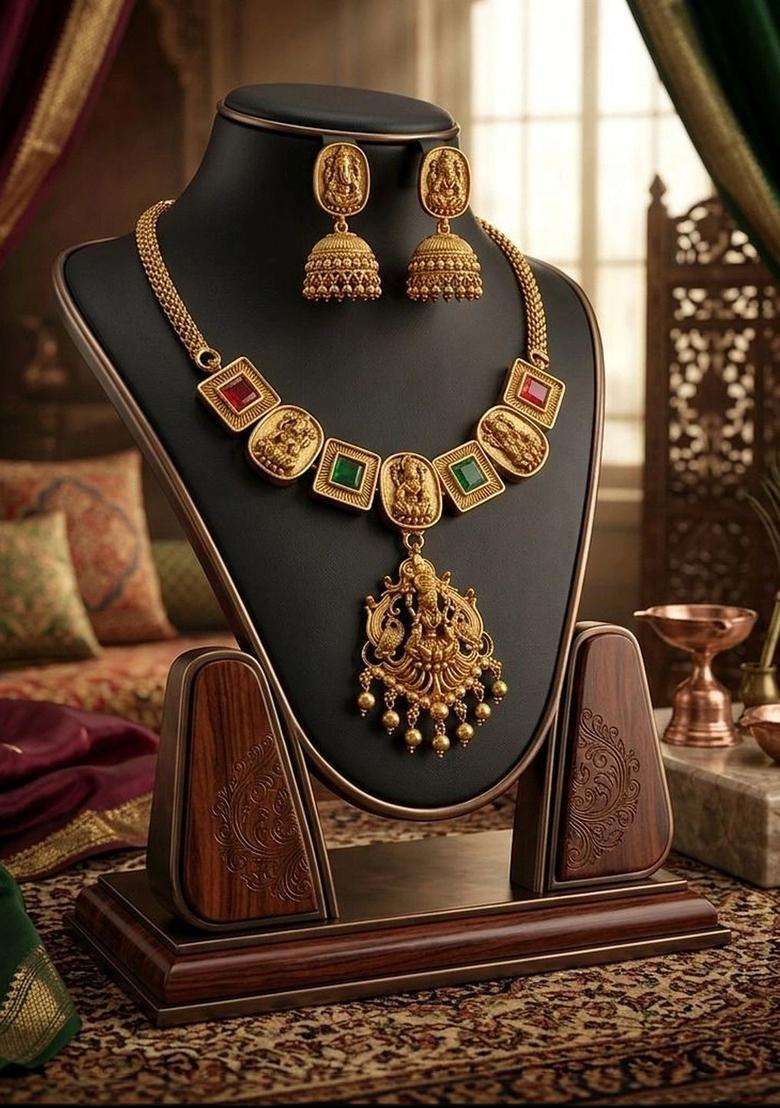 Gold-Plated Temple Beaded Necklace and Earrings for Women | Traditional Temple Jewellery for Wedding & Festive Wear | Gift for Her - Indya