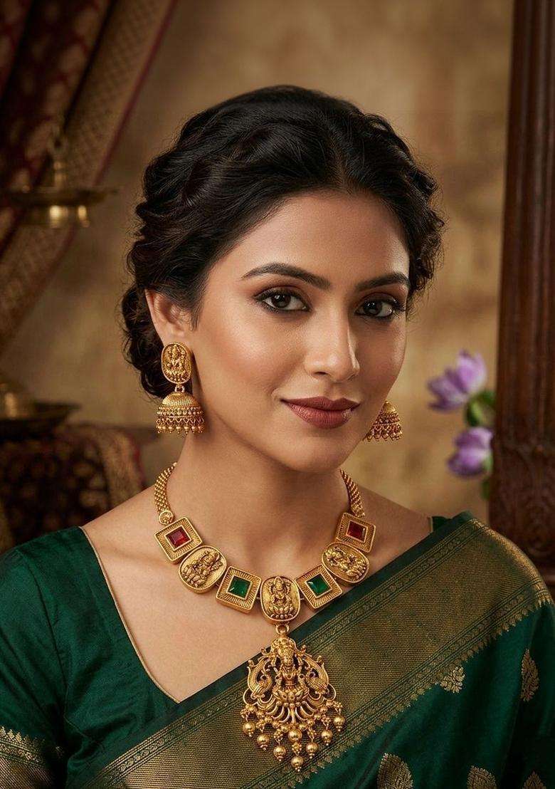 Gold-Plated Temple Beaded Necklace and Earrings for Women | Traditional Temple Jewellery for Wedding & Festive Wear | Gift for Her - Indya