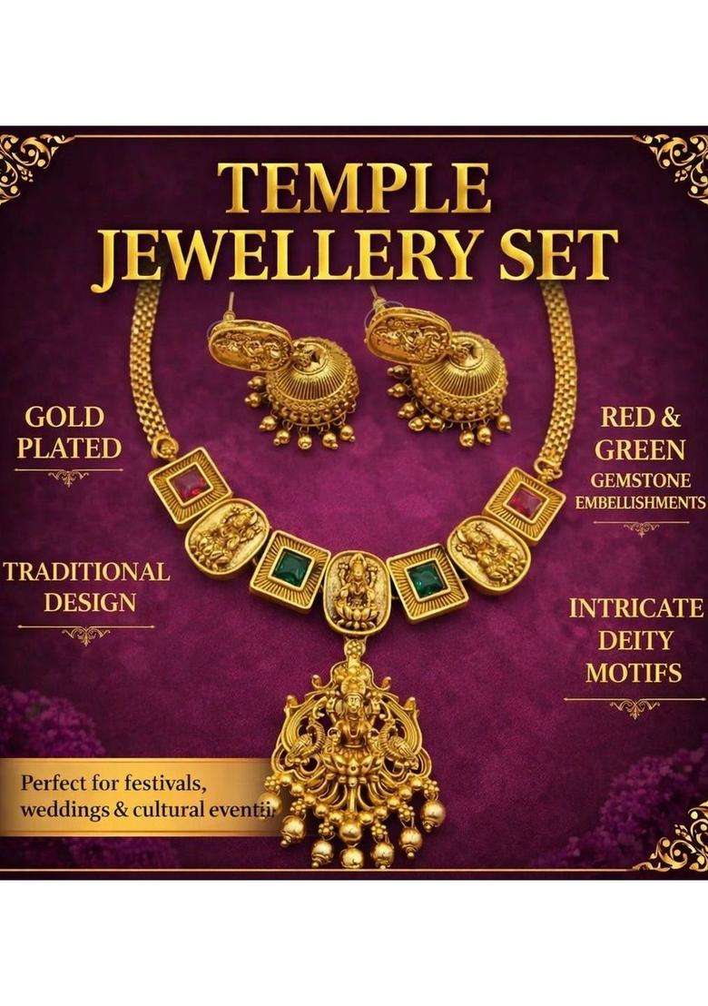 Gold-Plated Temple Beaded Necklace and Earrings for Women | Traditional Temple Jewellery for Wedding & Festive Wear | Gift for Her - Indya