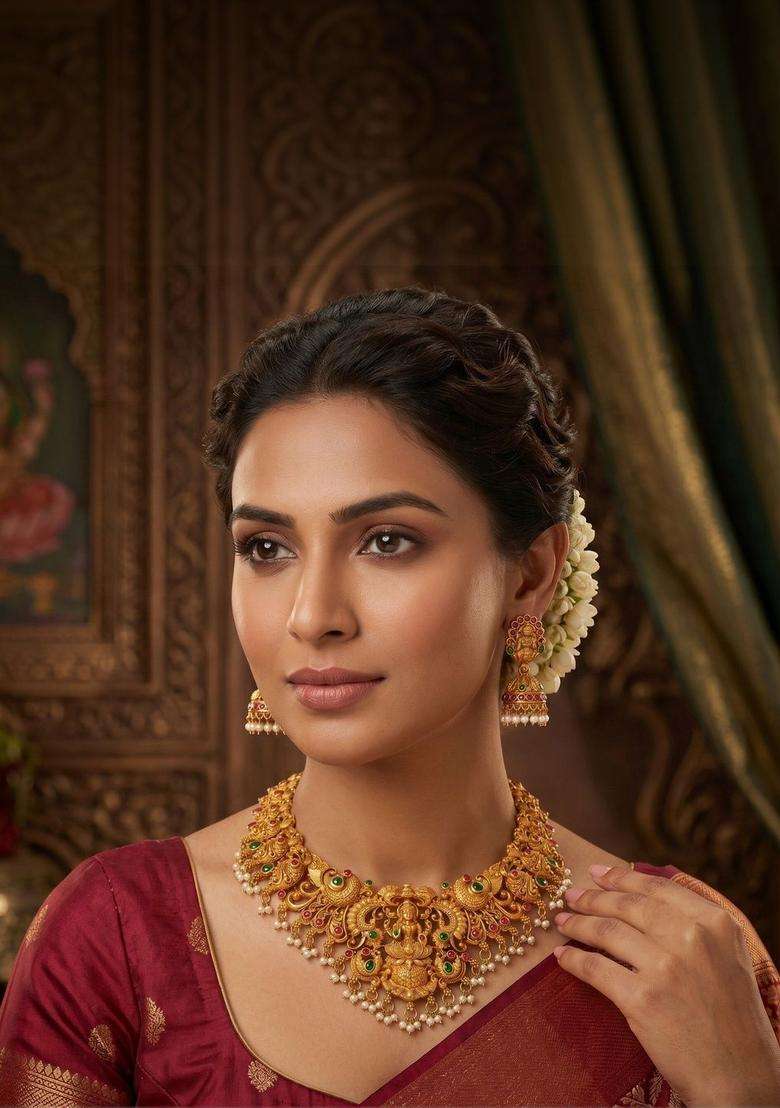 Gold-Plated Temple Beaded Necklace and Earrings for Women | Traditional Temple Jewellery for Wedding & Festive Wear | Gift for Her - Indya