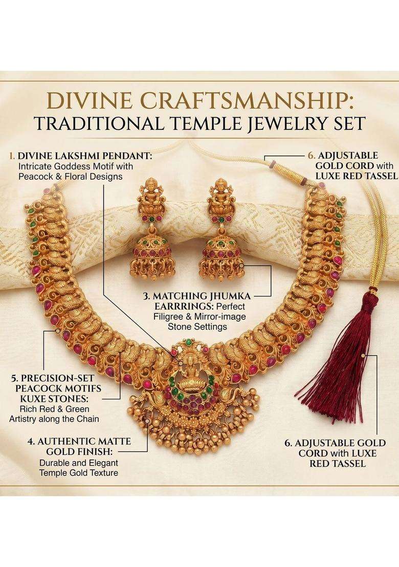 Gold-Plated Temple Beaded Necklace and Earrings for Women | Traditional Temple Jewellery for Wedding & Festive Wear | Gift for Her - Indya