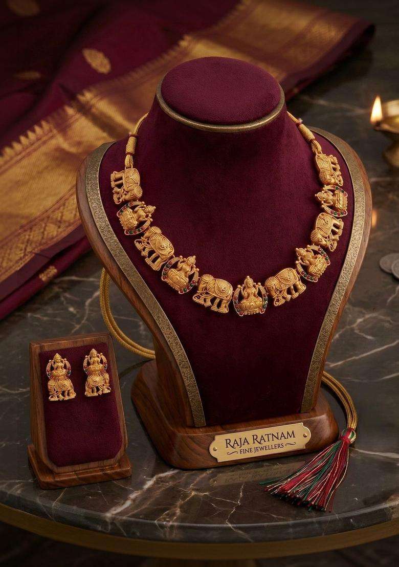 Gold-Plated Temple Beaded Necklace and Earrings for Women | Traditional Temple Jewellery for Wedding & Festive Wear | Gift for Her - Indya
