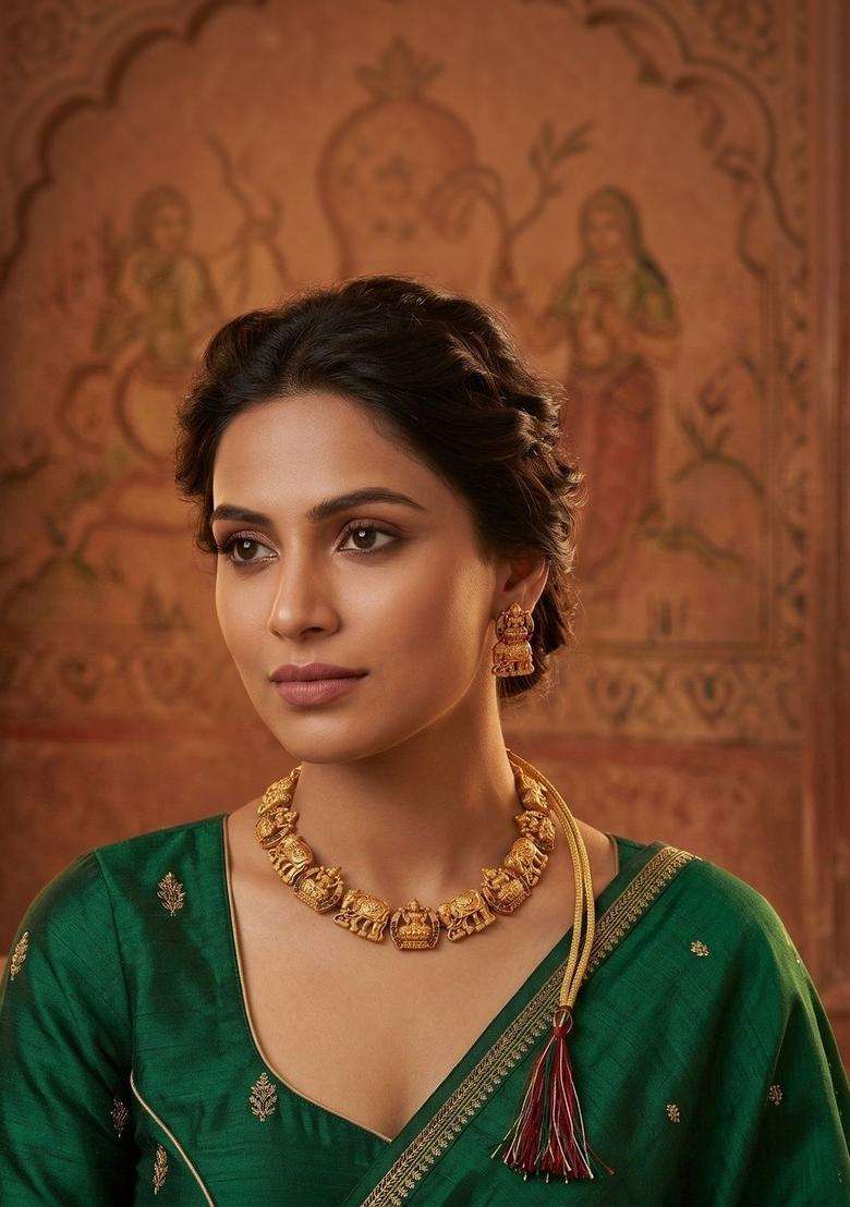 Gold-Plated Temple Beaded Necklace and Earrings for Women | Traditional Temple Jewellery for Wedding & Festive Wear | Gift for Her - Indya