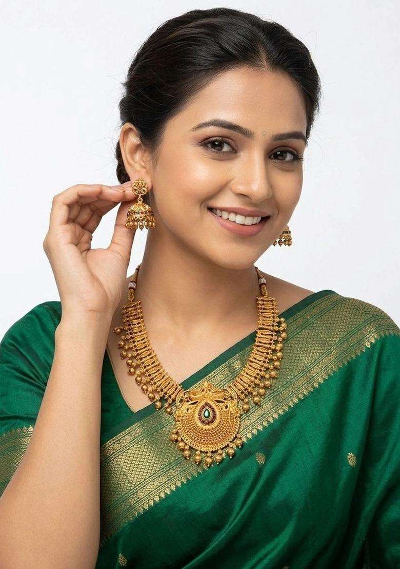 Gold-Plated Temple Beaded Necklace and Earrings for Women | Traditional Temple Jewellery for Wedding & Festive Wear | Gift for Her - Indya