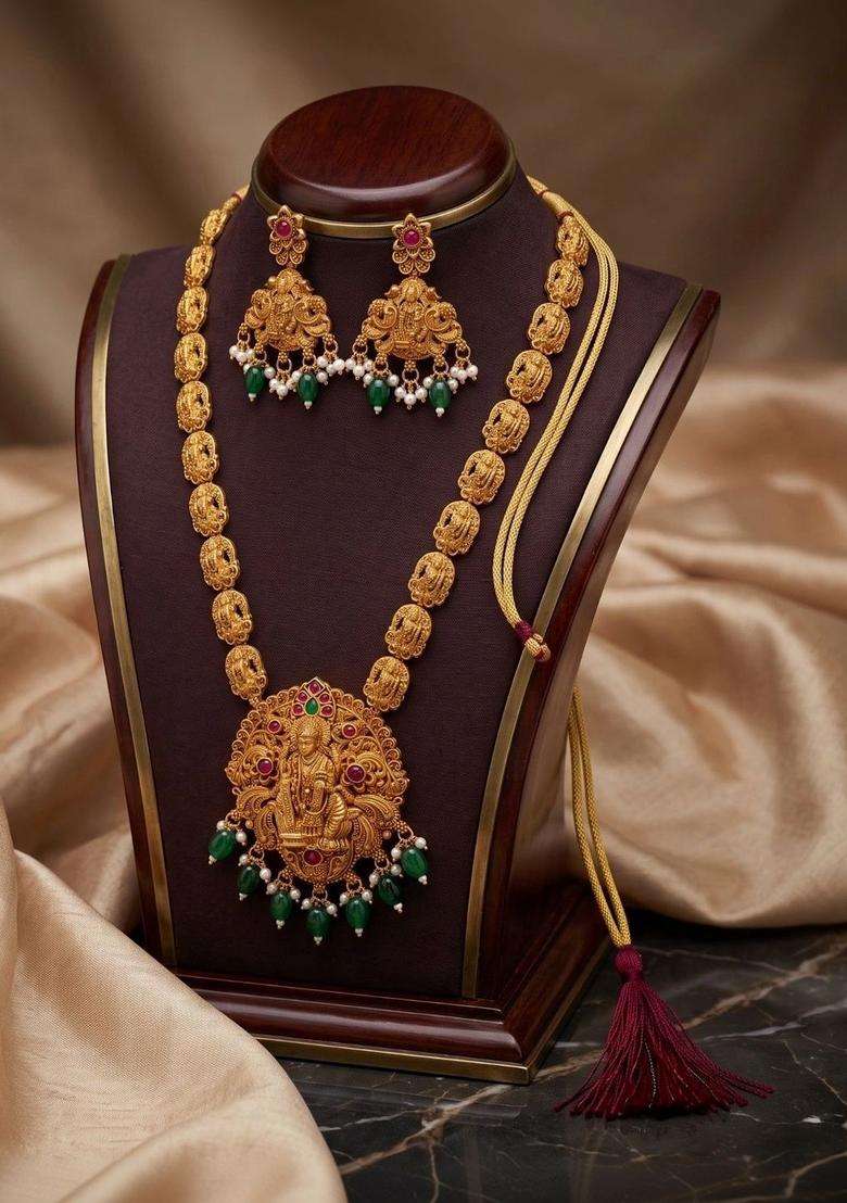 Gold-Plated Temple Stone Studded & Beaded Necklace and Earrings for Women | Traditional Temple Jewellery for Wedding & Festive Wear | Gift for Her - Indya