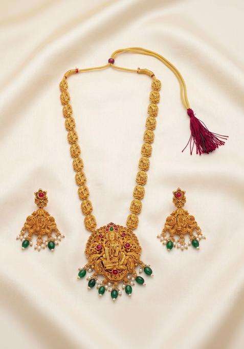 Gold-Plated Temple Stone Studded & Beaded Necklace and Earrings for Women | Traditional Temple Jewellery for Wedding & Festive Wear | Gift for Her