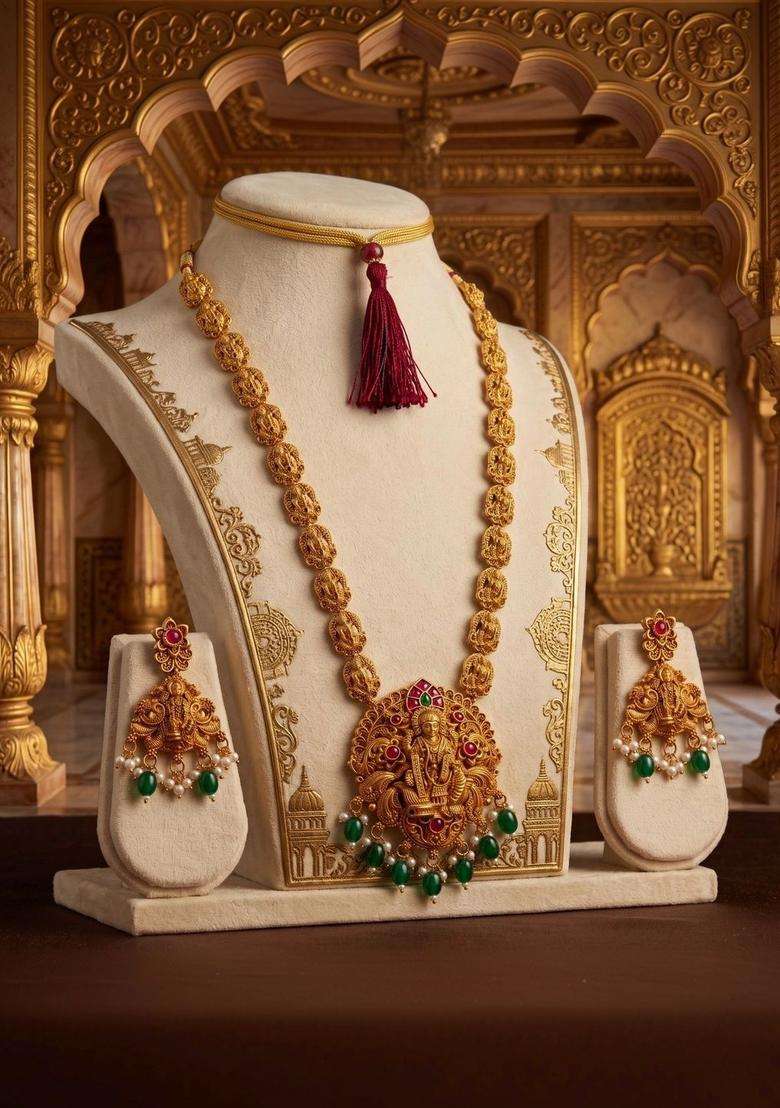 Gold-Plated Temple Stone Studded & Beaded Necklace and Earrings for Women | Traditional Temple Jewellery for Wedding & Festive Wear | Gift for Her - Indya