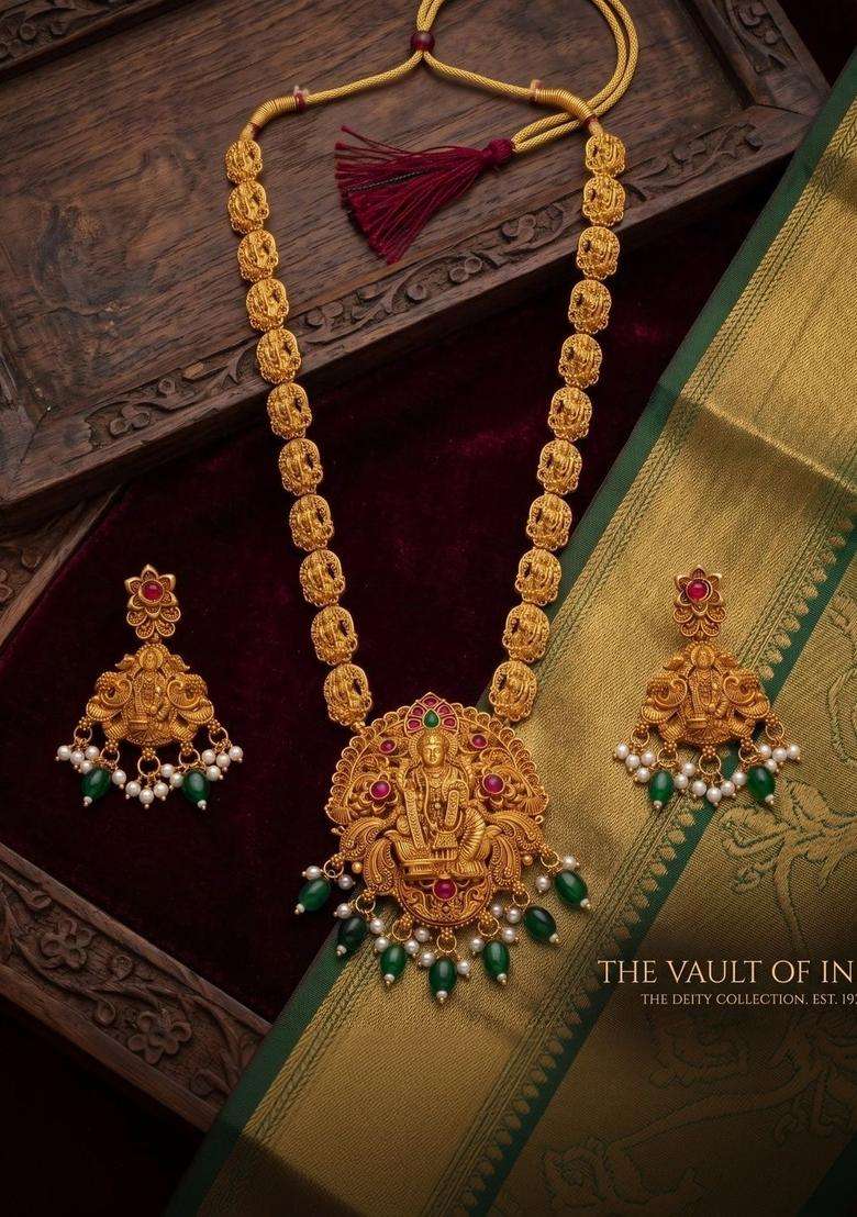 Gold-Plated Temple Stone Studded & Beaded Necklace and Earrings for Women | Traditional Temple Jewellery for Wedding & Festive Wear | Gift for Her - Indya