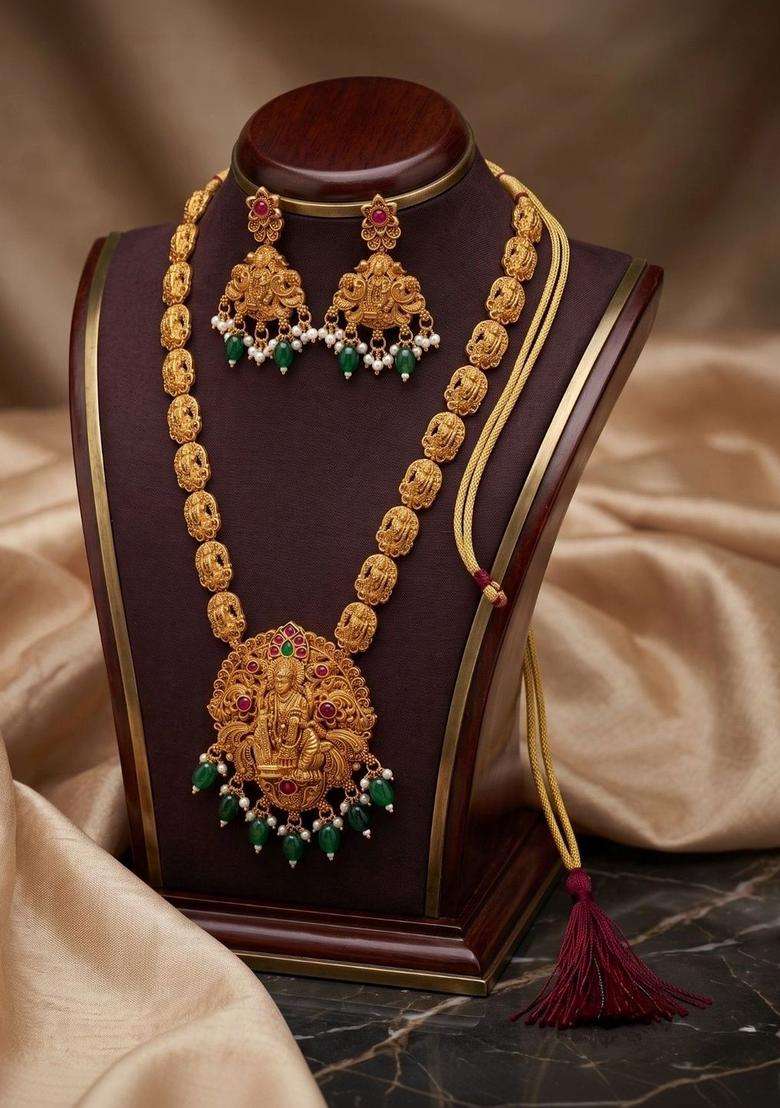 Gold-Plated Temple Stone Studded & Beaded Necklace and Earrings for Women | Traditional Temple Jewellery for Wedding & Festive Wear | Gift for Her - Indya