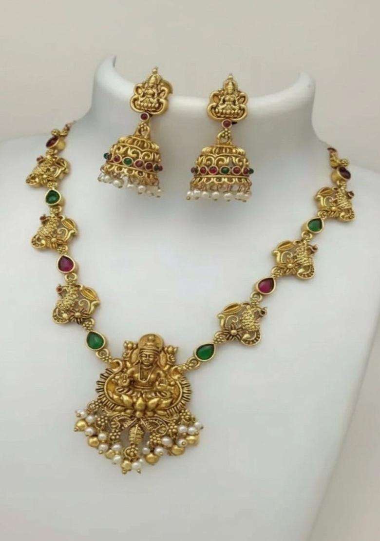 Gold-Plated Temple Stone Studded & Beaded Necklace and Earrings for Women | Traditional Temple Jewellery for Wedding & Festive Wear | Gift for Her - Indya