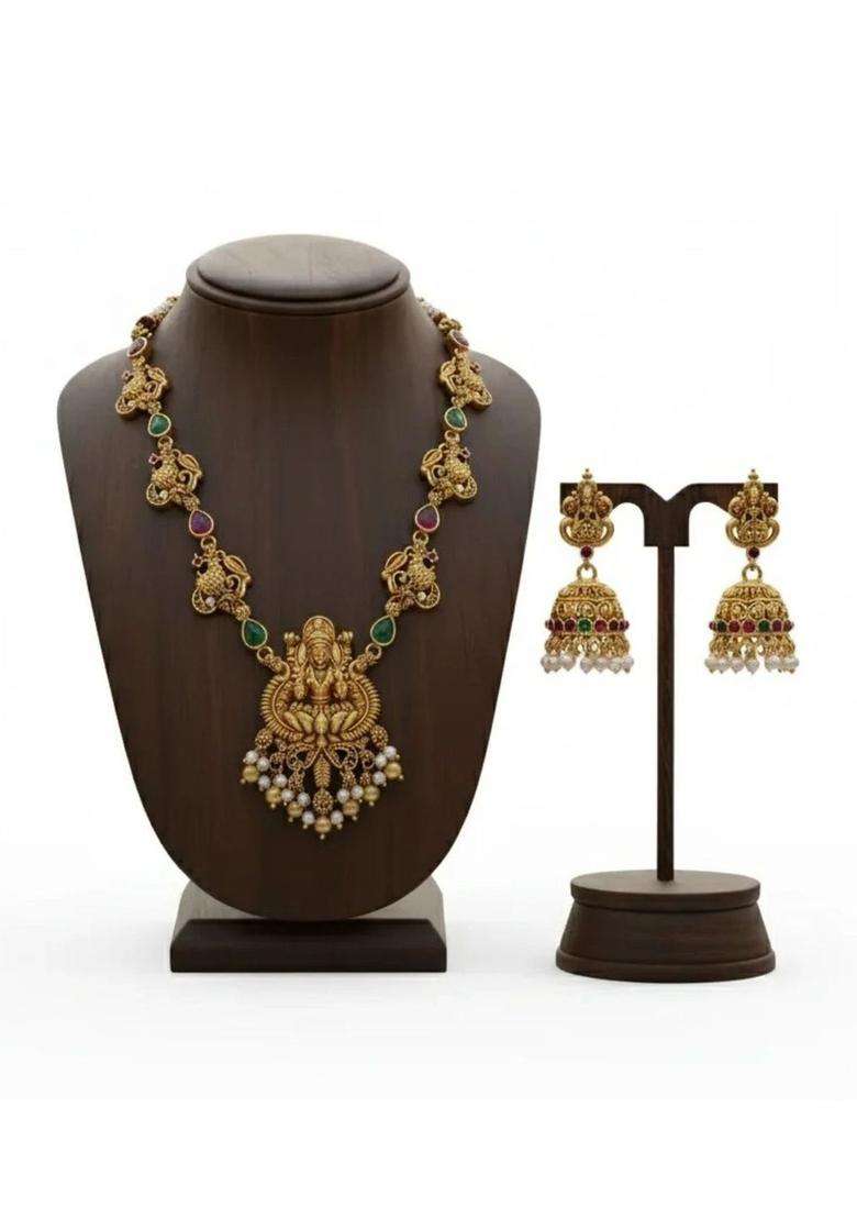 Gold-Plated Temple Stone Studded & Beaded Necklace and Earrings for Women | Traditional Temple Jewellery for Wedding & Festive Wear | Gift for Her - Indya