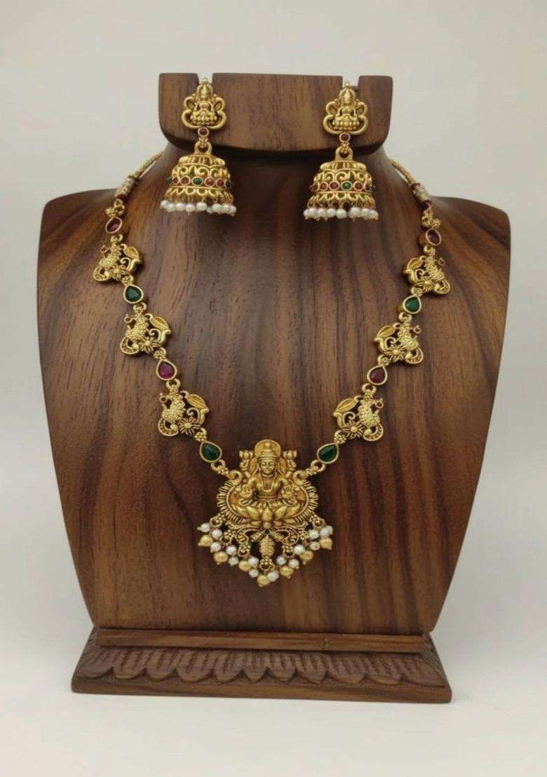 Gold-Plated Temple Stone Studded & Beaded Necklace and Earrings for Women | Traditional Temple Jewellery for Wedding & Festive Wear | Gift for Her - Indya