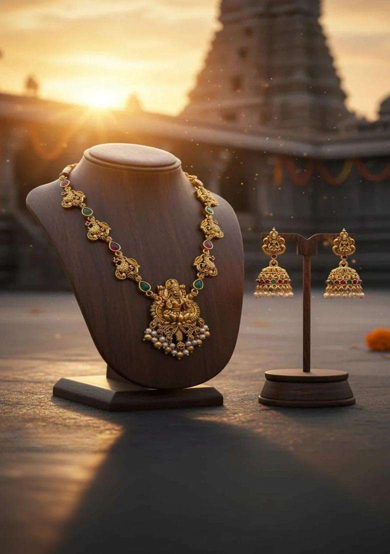 Gold-Plated Temple Stone Studded & Beaded Necklace and Earrings for Women | Traditional Temple Jewellery for Wedding & Festive Wear | Gift for Her - Indya