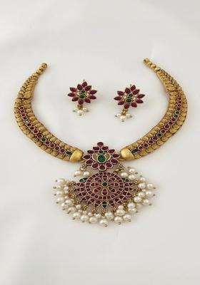 Gold-Plated Temple Stone Studded & Beaded Necklace and Earrings for Women | Traditional Temple Jewellery for Wedding & Festive Wear | Gift for Her