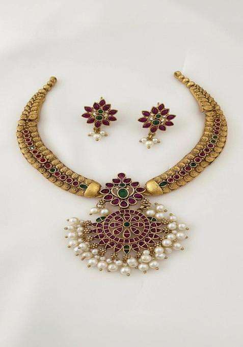 Gold-Plated Temple Stone Studded & Beaded Necklace and Earrings for Women | Traditional Temple Jewellery for Wedding & Festive Wear | Gift for Her