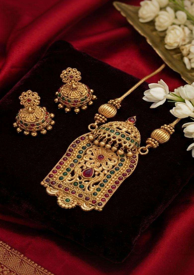 Gold-Plated Temple Stone Studded & Beaded Necklace and Earrings for Women | Traditional Temple Jewellery for Wedding & Festive Wear | Gift for Her - Indya