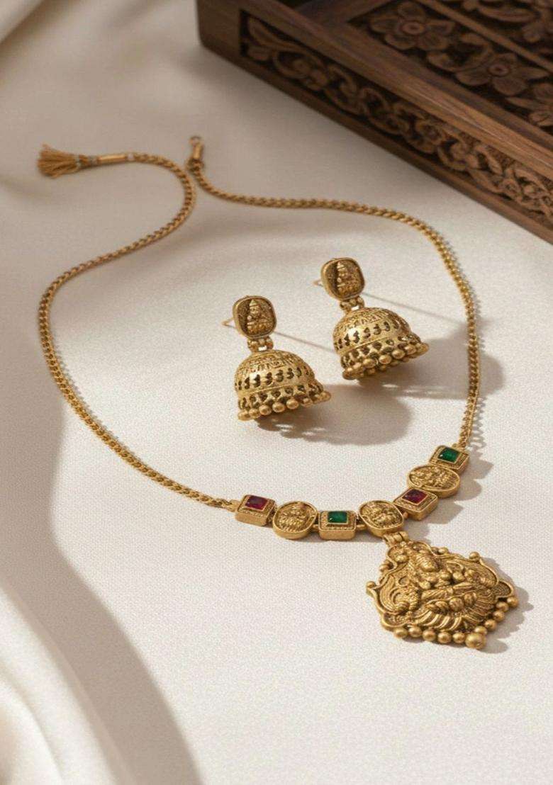 Gold-Plated Temple Stone Studded & Beaded Necklace and Earrings for Women | Traditional Temple Jewellery for Wedding & Festive Wear | Gift for Her - Indya