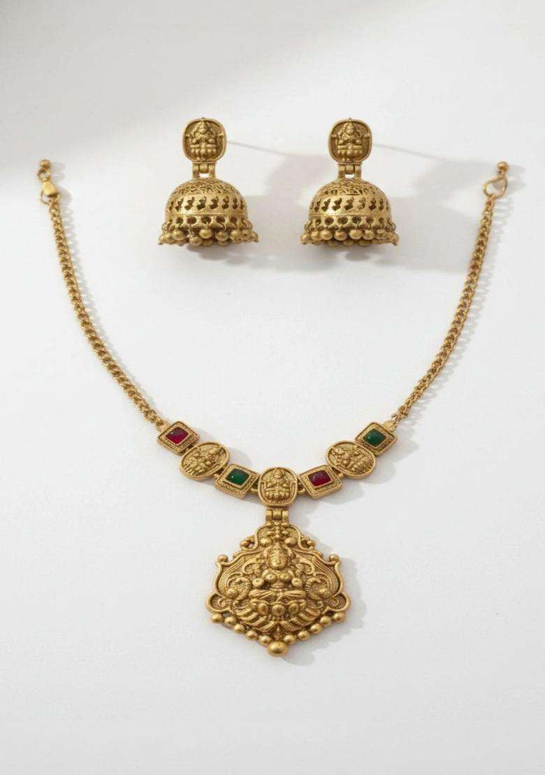Gold-Plated Temple Stone Studded & Beaded Necklace and Earrings for Women | Traditional Temple Jewellery for Wedding & Festive Wear | Gift for Her - Indya