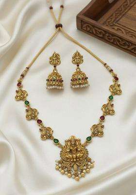 Gold-Plated Temple Stone Studded & Beaded Necklace and Earrings for Women | Traditional Temple Jewellery for Wedding & Festive Wear | Gift for Her