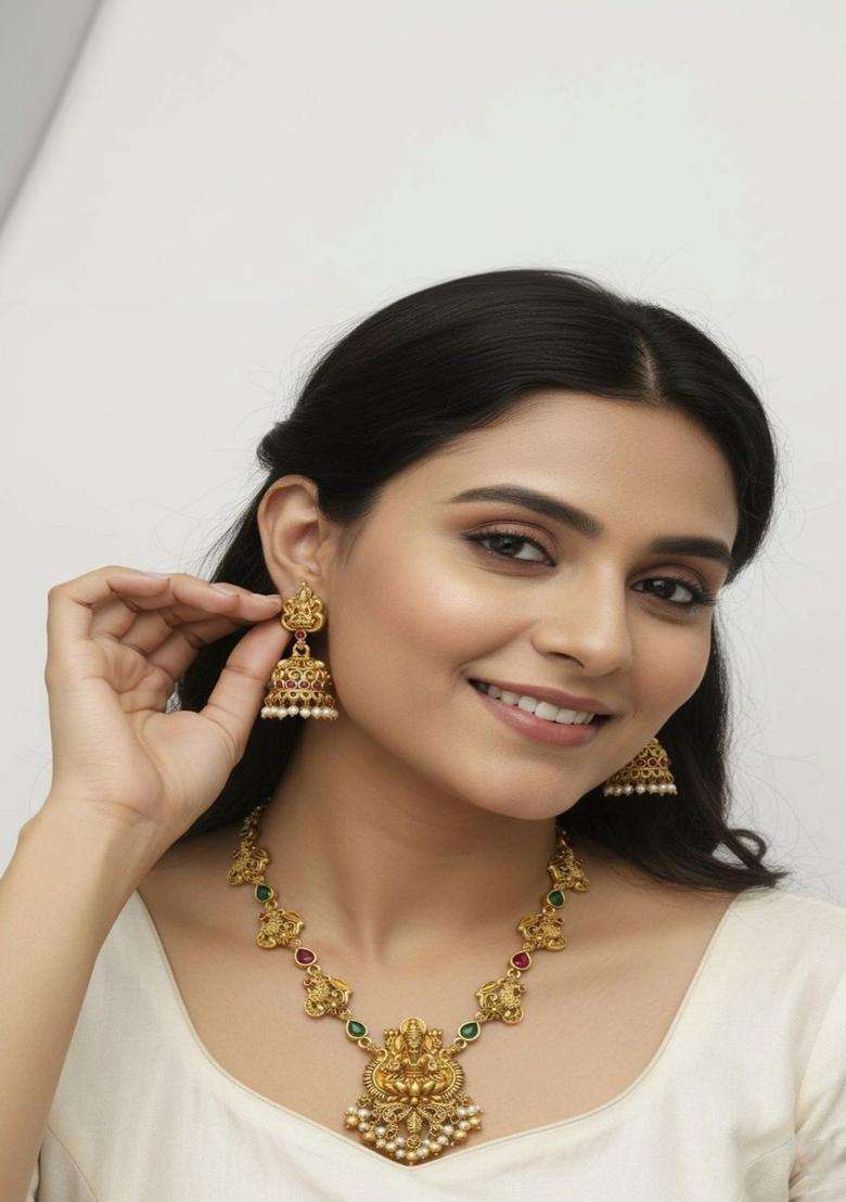 Gold-Plated Temple Stone Studded & Beaded Necklace and Earrings for Women | Traditional Temple Jewellery for Wedding & Festive Wear | Gift for Her - Indya