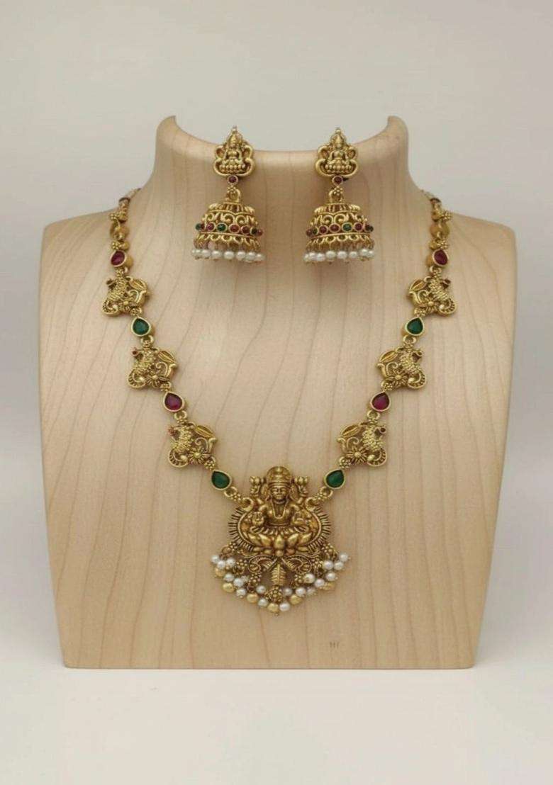 Gold-Plated Temple Stone Studded & Beaded Necklace and Earrings for Women | Traditional Temple Jewellery for Wedding & Festive Wear | Gift for Her - Indya