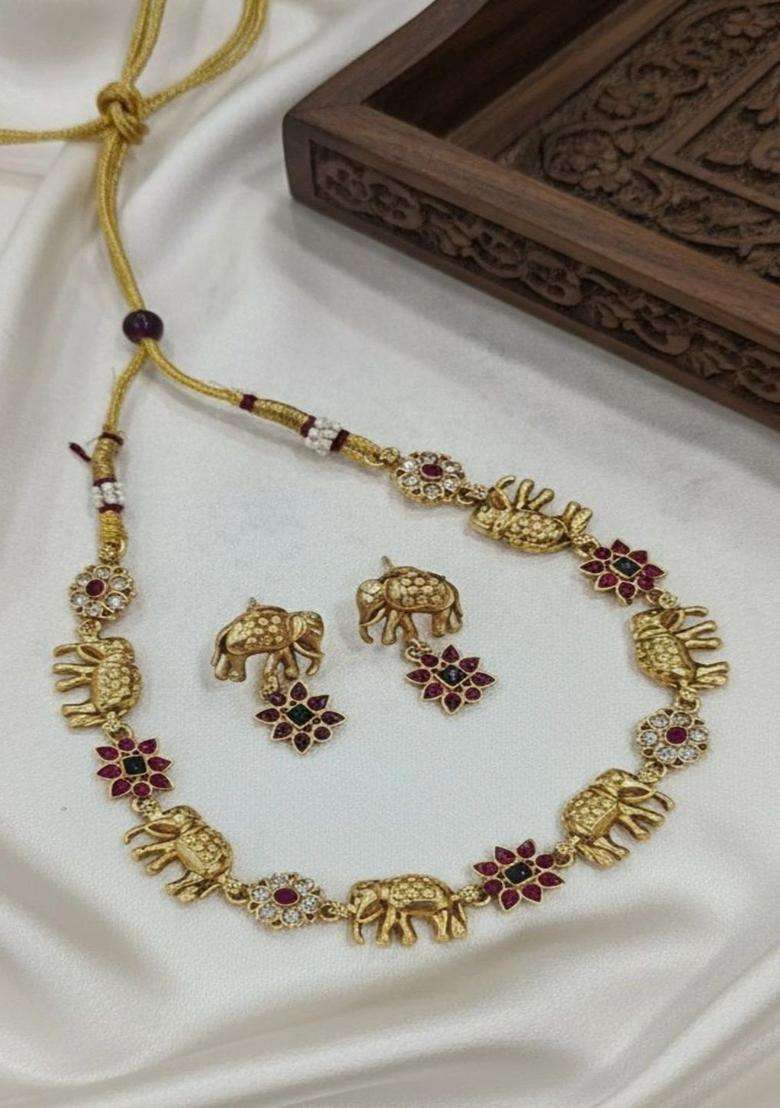 Gold-Plated Temple Stone Studded & Beaded Necklace and Earrings for Women | Traditional Temple Jewellery for Wedding & Festive Wear | Gift for Her - Indya