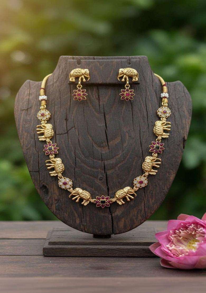 Gold-Plated Temple Stone Studded & Beaded Necklace and Earrings for Women | Traditional Temple Jewellery for Wedding & Festive Wear | Gift for Her - Indya