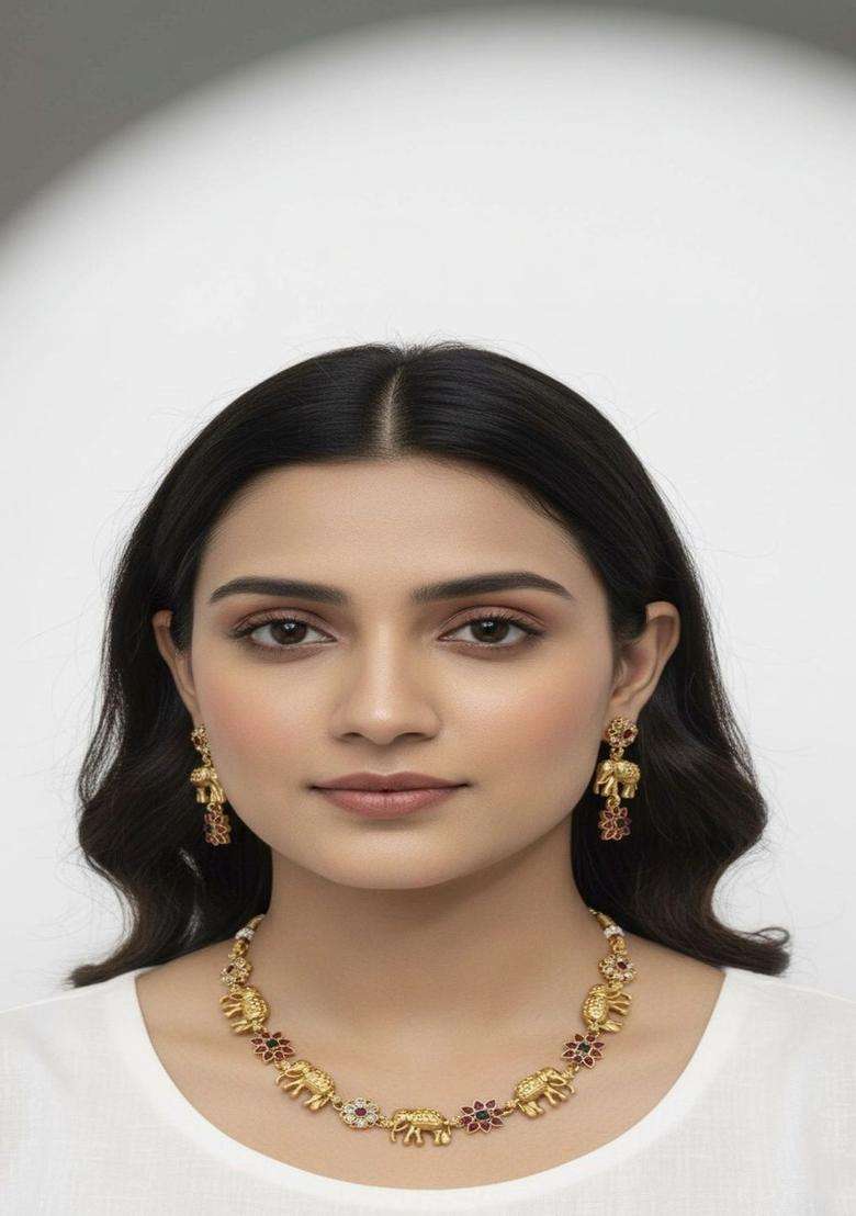 Gold-Plated Temple Stone Studded & Beaded Necklace and Earrings for Women | Traditional Temple Jewellery for Wedding & Festive Wear | Gift for Her - Indya