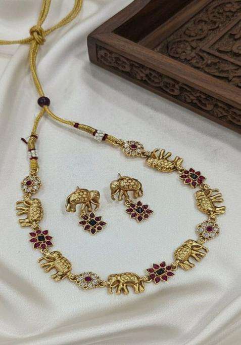 Gold-Plated Temple Stone Studded & Beaded Necklace and Earrings for Women | Traditional Temple Jewellery for Wedding & Festive Wear | Gift for Her