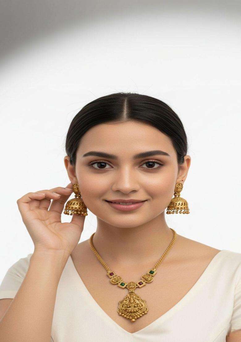 Gold-Plated Temple Stone Studded & Beaded Necklace and Earrings for Women | Traditional Temple Jewellery for Wedding & Festive Wear | Gift for Her - Indya