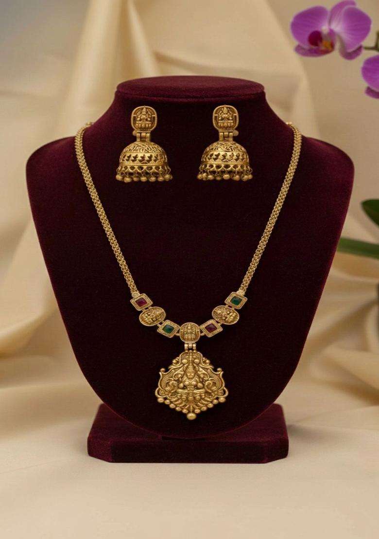 Gold-Plated Temple Stone Studded & Beaded Necklace and Earrings for Women | Traditional Temple Jewellery for Wedding & Festive Wear | Gift for Her - Indya
