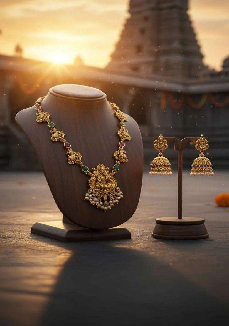 Gold-Plated Temple Stone Studded & Beaded Necklace and Earrings for Women | Traditional Temple Jewellery for Wedding & Festive Wear | Gift for Her - Indya