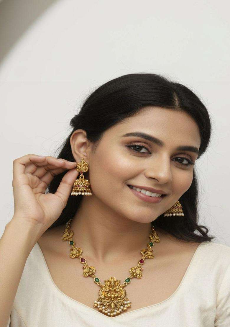 Gold-Plated Temple Stone Studded & Beaded Necklace and Earrings for Women | Traditional Temple Jewellery for Wedding & Festive Wear | Gift for Her - Indya