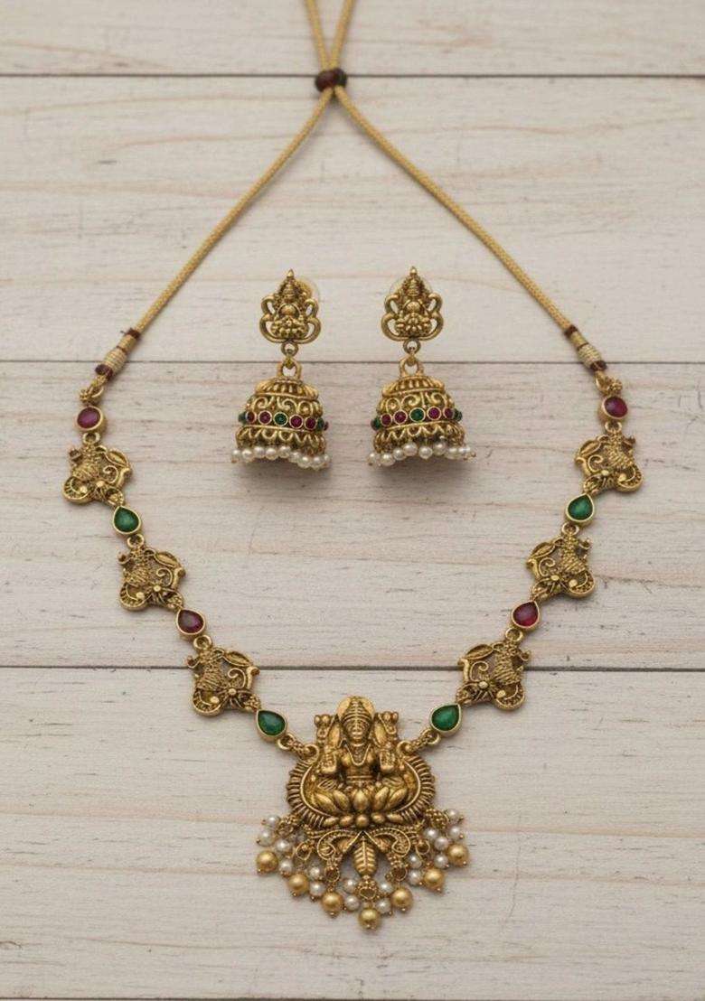 Gold-Plated Temple Stone Studded & Beaded Necklace and Earrings for Women | Traditional Temple Jewellery for Wedding & Festive Wear | Gift for Her - Indya