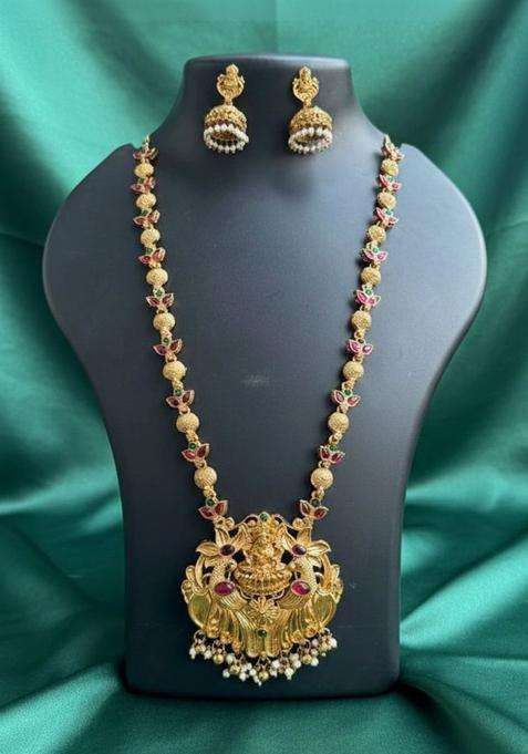 Gold-Plated Temple Stone Studded & Beaded Necklace and Earrings for Women | Traditional Temple Jewellery for Wedding & Festive Wear | Gift for Her