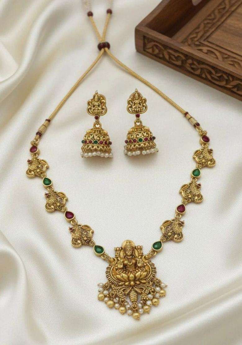 Gold-Plated Temple Stone Studded & Beaded Necklace and Earrings for Women | Traditional Temple Jewellery for Wedding & Festive Wear | Gift for Her - Indya