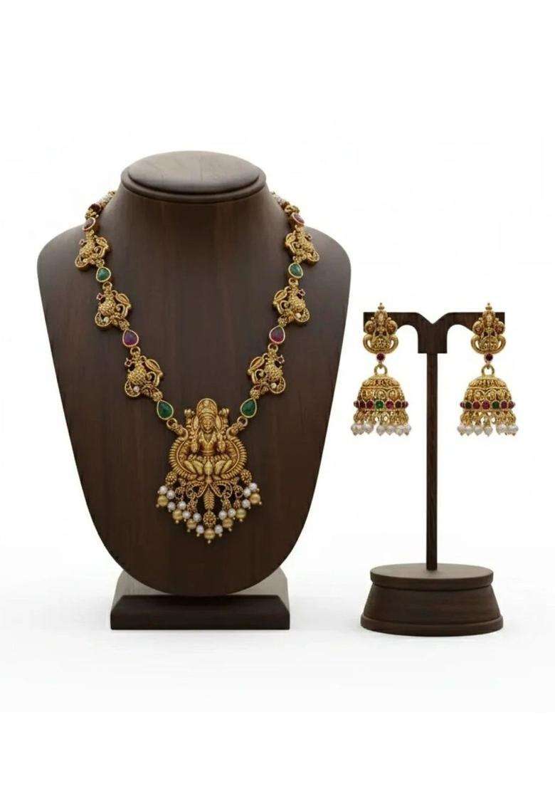 Gold-Plated Temple Stone Studded & Beaded Necklace and Earrings for Women | Traditional Temple Jewellery for Wedding & Festive Wear | Gift for Her - Indya