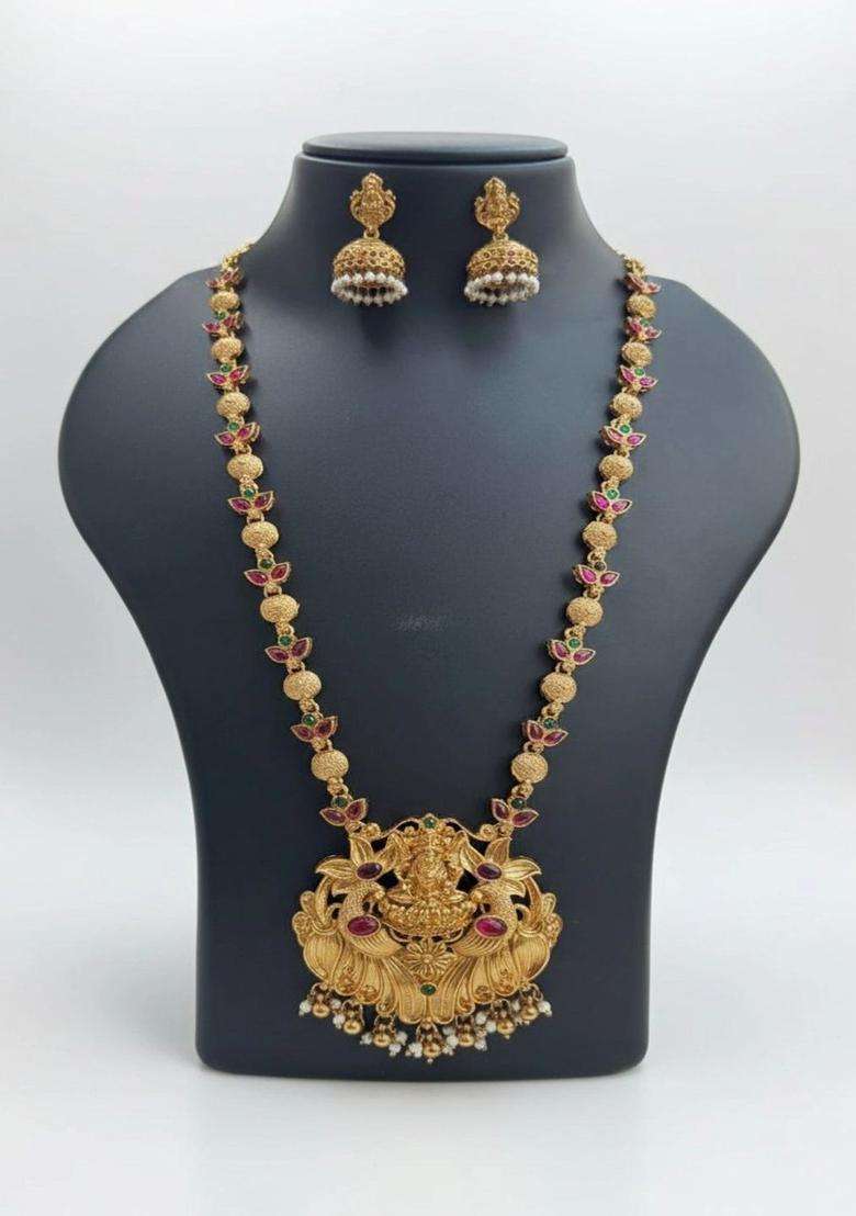 Gold-Plated Temple Stone Studded & Beaded Necklace and Earrings for Women | Traditional Temple Jewellery for Wedding & Festive Wear | Gift for Her - Indya