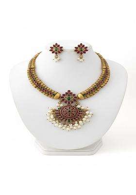Gold-Plated Temple Stone Studded & Beaded Necklace and Earrings for Women | Traditional Temple Jewellery for Wedding & Festive Wear | Gift for Her