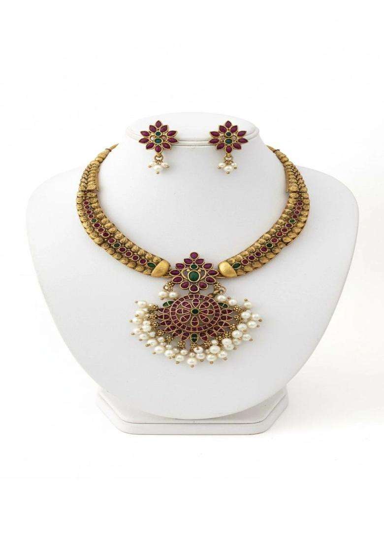 Gold-Plated Temple Stone Studded & Beaded Necklace and Earrings for Women | Traditional Temple Jewellery for Wedding & Festive Wear | Gift for Her - Indya