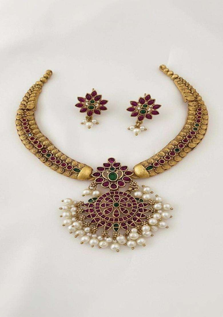 Gold-Plated Temple Stone Studded & Beaded Necklace and Earrings for Women | Traditional Temple Jewellery for Wedding & Festive Wear | Gift for Her - Indya