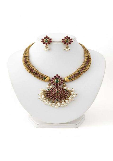 Gold-Plated Temple Stone Studded & Beaded Necklace and Earrings for Women | Traditional Temple Jewellery for Wedding & Festive Wear | Gift for Her