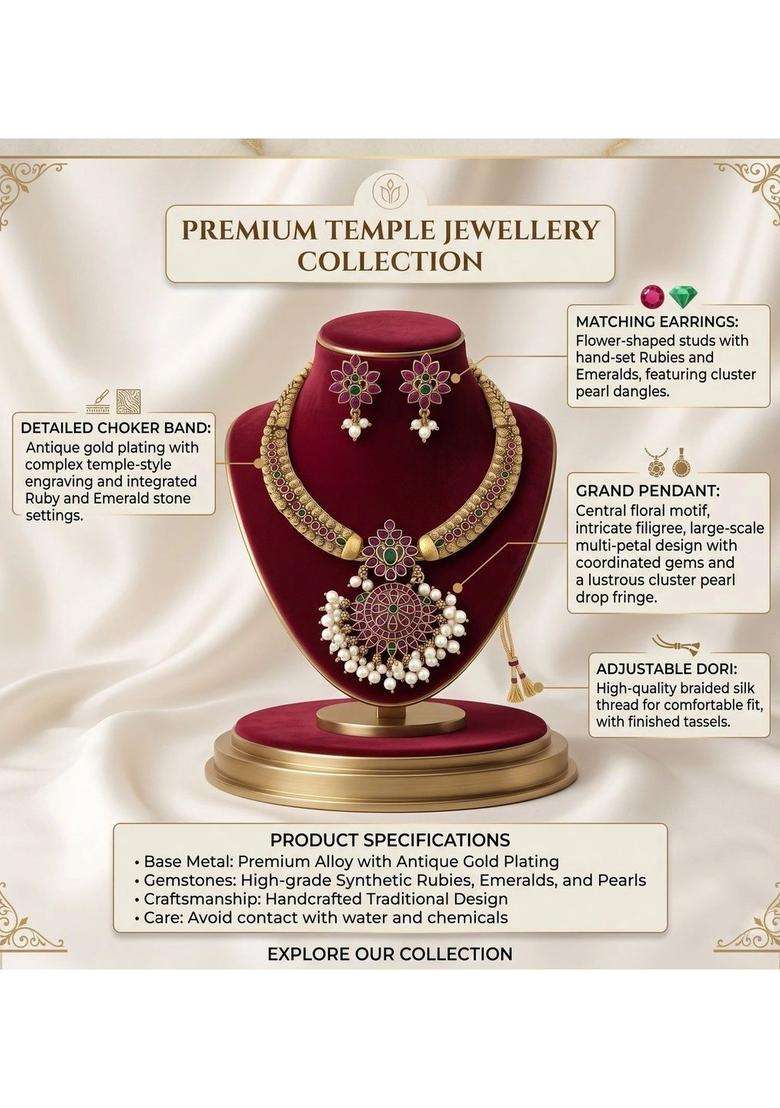 Gold-Plated Temple Stone Studded & Beaded Necklace and Earrings for Women | Traditional Temple Jewellery for Wedding & Festive Wear | Gift for Her - Indya