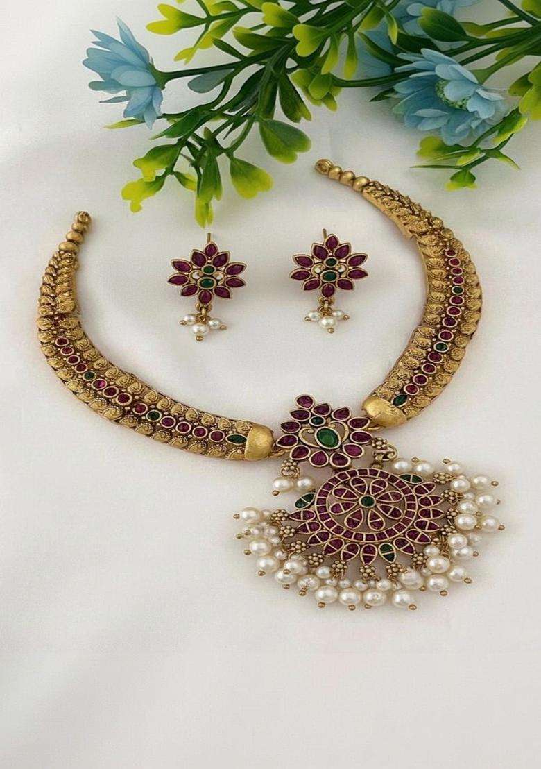 Gold-Plated Temple Stone Studded & Beaded Necklace and Earrings for Women | Traditional Temple Jewellery for Wedding & Festive Wear | Gift for Her - Indya